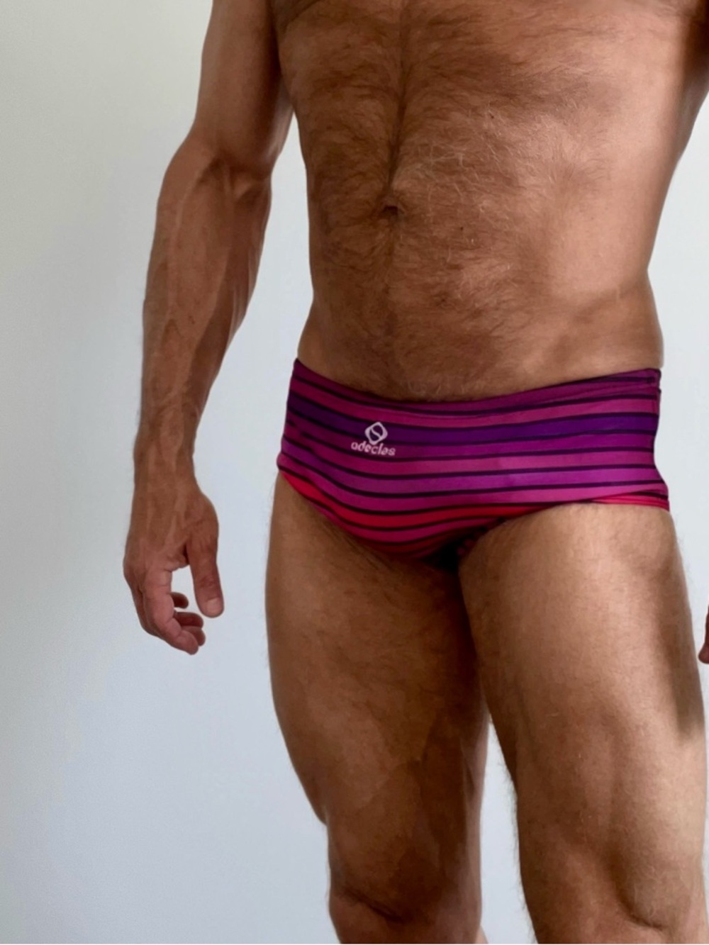 Men's Purple Striped Swim Classic Style Trunks, Fully lined, Drawstring